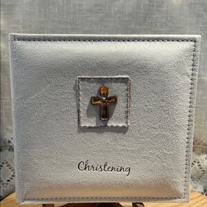 Vintage Faux-Grey Leather Religious-Christening Photo Album like New